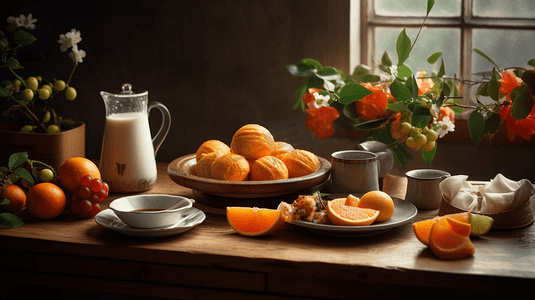 清新唯美早安摄影照片_西餐早餐橙汁水果牛奶面包