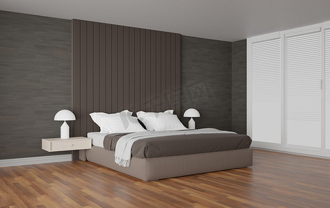 带床的现代卧室概念，现代和简约风格，3d
