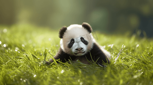 白天绿色草地上的黑白相间的熊猫