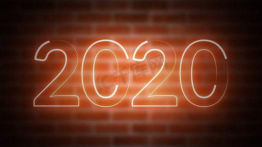 计算机生成的砖墙背景下的 2020 年新年霓虹灯标志。 