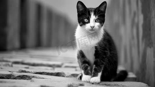 一只黑白相间的猫坐在石头地板上