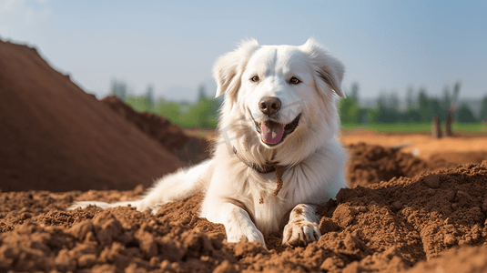 一只白色的狗躺在一堆泥土上