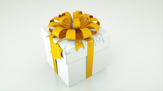 白色礼品盒的计算机生成图像，金色蝴蝶结和标签隔离在白色背景上。 