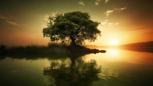 日落时靠近水体的绿树