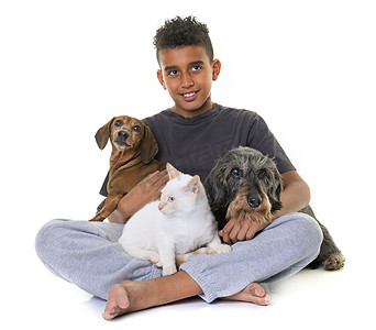 狗和猫摄影照片_腊肠犬、小猫和男孩