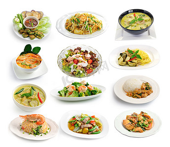 白色背景中的一组泰国菜