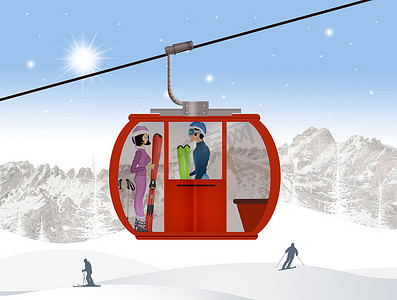 滑雪者在滑雪缆车上的插画