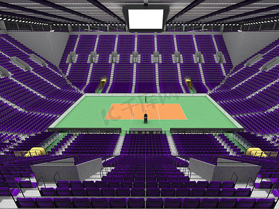 vip座椅摄影照片_带紫色座椅和 VIP 包厢的美丽现代排球运动场