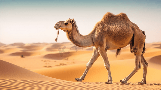 行走在沙漠中的棕色骆驼