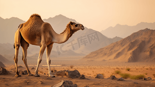 一头骆驼站在沙漠中，背景是群山