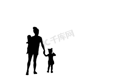 一位母亲带着婴儿和她的小女孩手牵着手的家庭剪影被隔离在白色背景中