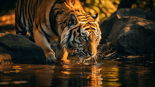 成年老虎在河里喝水