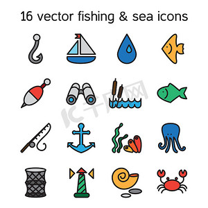 矢量图标摄影照片_孤立的海洋和渔业图标集