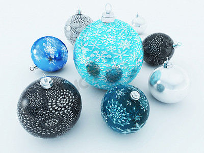 一组美丽的蓝色黑白假日装饰小饰品的 3D 渲染