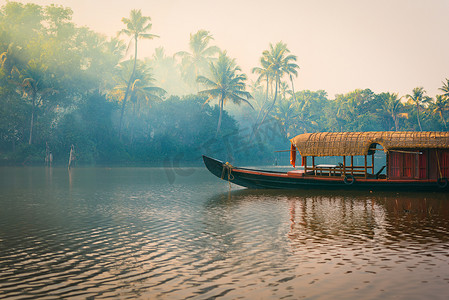 丛林背景摄影照片_停泊在有丛林背景的湖中的船屋，死水，