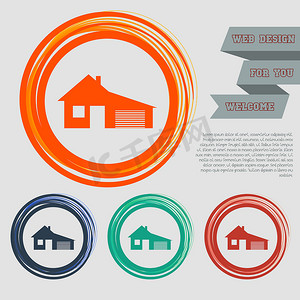 带有车库图标的房子，在您的网站和设计空间文本的红色、蓝色、绿色、橙色按钮上。