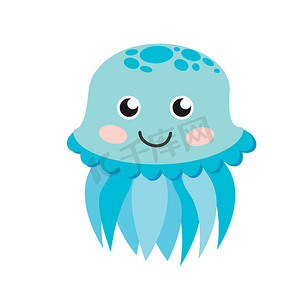 可爱的快乐水母卡通人物海洋动物插图。