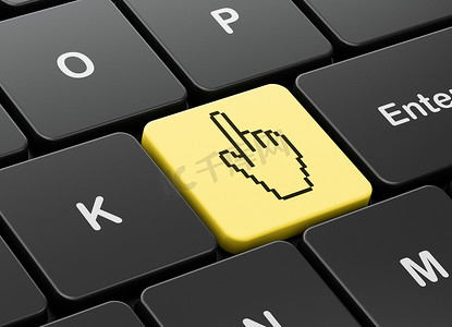 社交媒体概念：电脑键盘背景上的鼠标光标