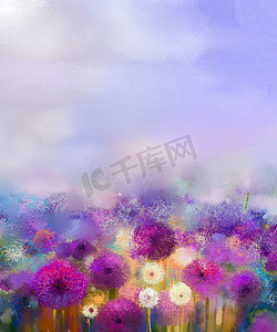 油画紫色洋葱与白色蒲公英花在草地上