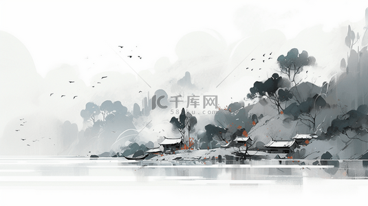 中国水墨画山水风景水墨山水插画海报背景