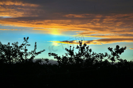 夕阳下的天空 云彩 五颜六色 美丽的轮廓树