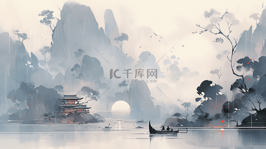 插画风景海报背景图片_中国水墨画山水风景水墨山水插画海报背景