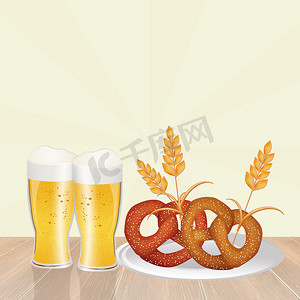 慕尼黑啤酒节啤酒和椒盐卷饼