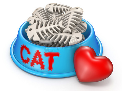 白色 b 上的猫食碗和红心 3D 渲染图