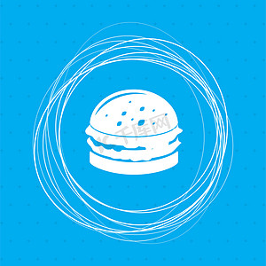 蓝色背景上的汉堡、三明治、汉堡图标，周围有抽象圆圈，并为您的文字放置。