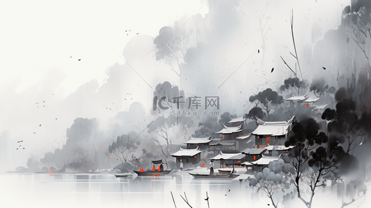 风景背景图片_中国水墨画山水风景水墨山水插画海报背景