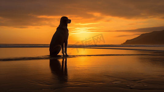 狗剪影摄影照片_日落时分站在海边狗狗身边的人的剪影