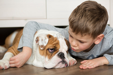 可爱的男孩和英国斗牛犬的小狗在地毯上的地板上玩耍