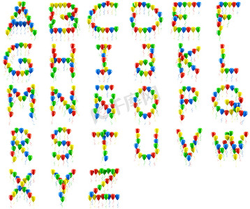 3D 渲染五颜六色的气球字母表被白色隔离。