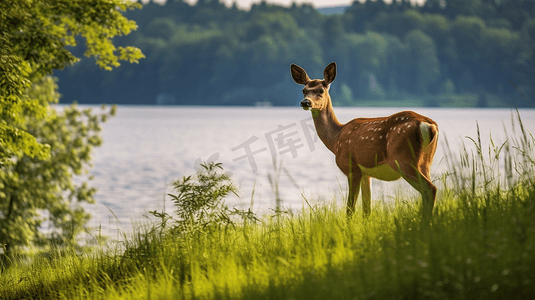 棕鹿摄影照片_白天，棕鹿在湖边的绿色草地上