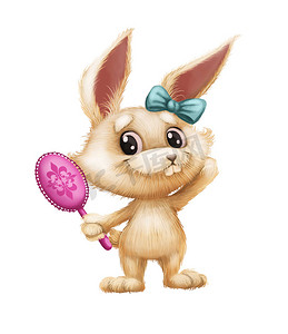 可爱的毛茸茸的兔子-卡通动物吉祥物看着镜子微笑