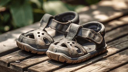 夏天摄影照片_儿童脚踏在运动凉鞋中用压层地板制成