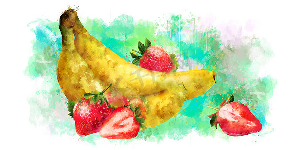 水彩画香蕉摄影照片_白色背景上的香蕉和草莓。