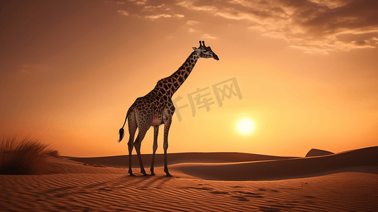 夕阳下站在棕色沙滩上的长颈鹿