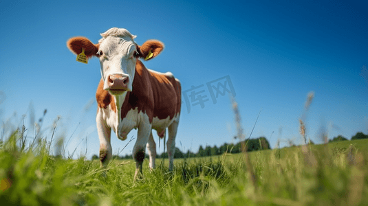 奶牛底纹摄影照片_白天蓝天下绿草地上的棕色奶牛