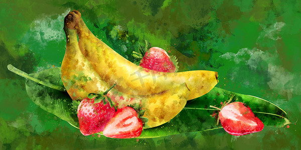 水彩画香蕉摄影照片_在绿色背景的香蕉和草莓。