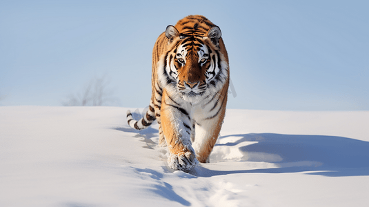 走在雪面上的老虎