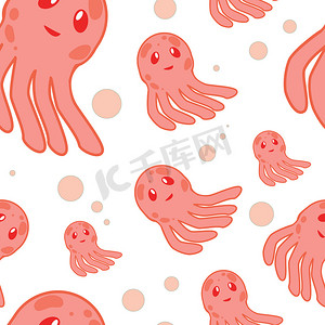 可爱的快乐水母卡通人物无缝图案海洋动物插图。
