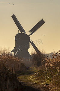 荷兰 Alblasserdam 运河中部联合国教科文组织遗产风车轮廓上的暮光日出