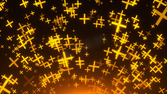 十字架圆圈摄影照片_许多金十字架在空间中，3d 渲染背景，粒子的金色爆炸，计算机生成