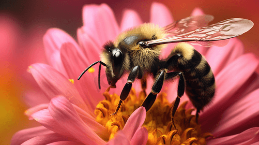 粉红色花朵上的黑黄蜜蜂