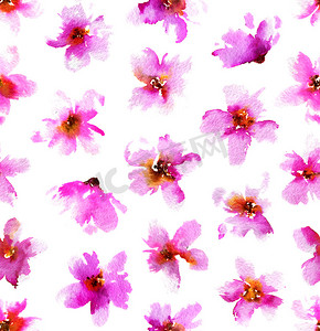 手绘粉色花朵背景摄影照片_水彩图案与粉红色的花朵。