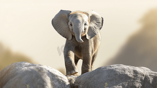 一头小象站在岩石旁