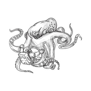 白色鱼纹摄影照片_巨型章鱼战斗宇航员纹身