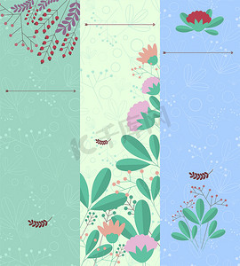 一组带有花卉元素和文本位置的垂直横幅。