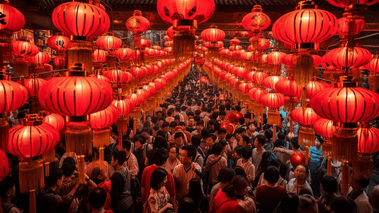 新年喜庆红色花朵海报摄影照片_元宵节灯会观灯的人群